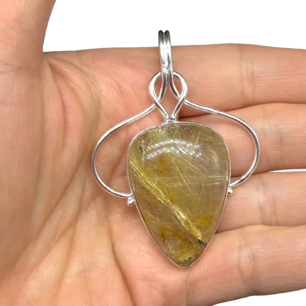 Golden Rutilated Quartz Necklace Pendant Solid 925 Sterling Silver Gold Rutile